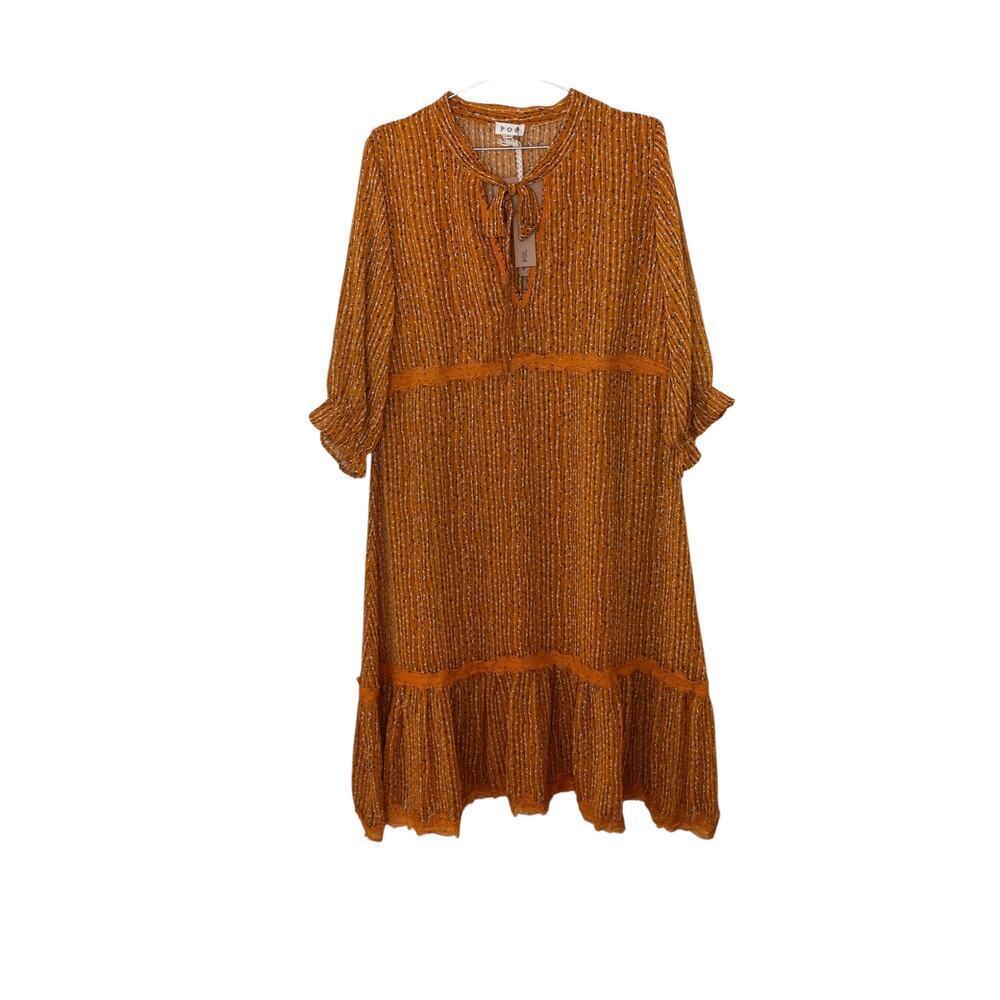New POL Oversized Mustard Print Dress Women’s  Style Lace Trim Small - Picture 2 of 15